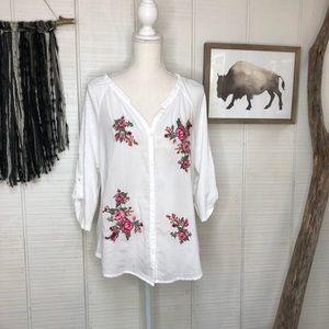 White boho floral embroidered button up blouse